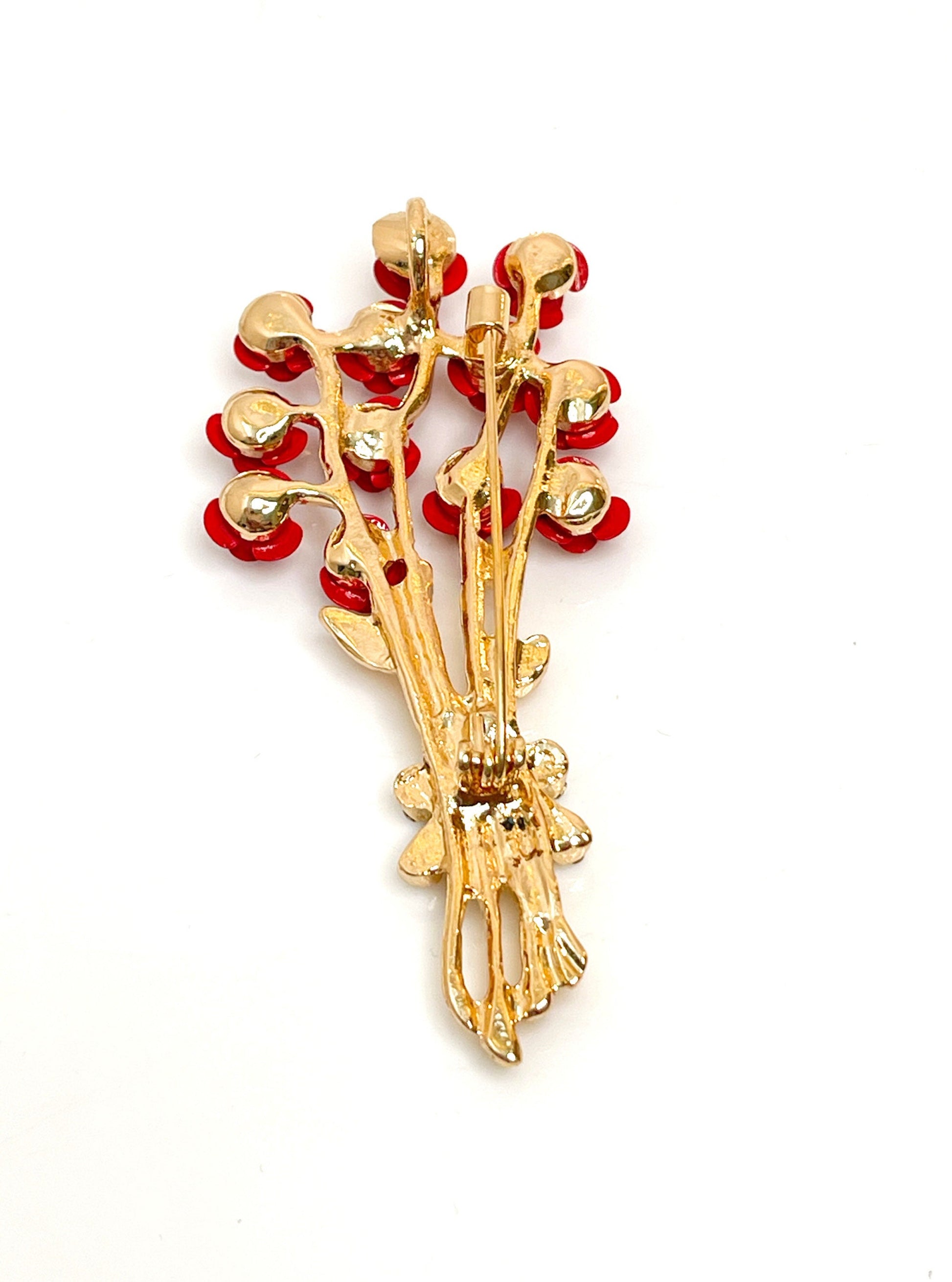 Pretty Bunch of Roses Brooch | Red Gold Roses with Crystals Jacket Pin