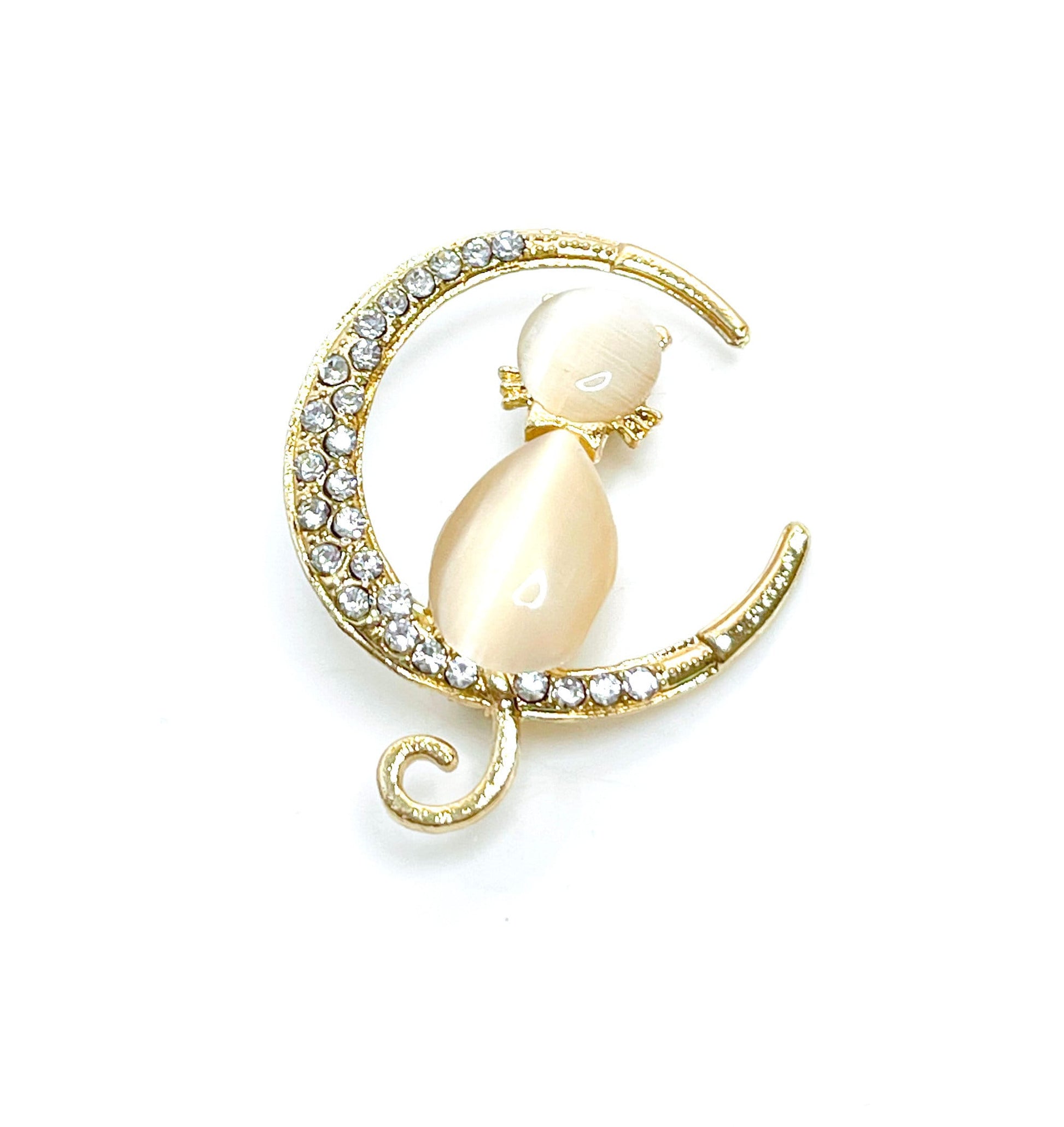 Gold Cat on the Moon Brooch, Opal Cat Pin, Dainty Crystal Cat Jewelry, Animal Lovers, Pet Lovers, Pin for Scarf Jacket, Brooch for Women