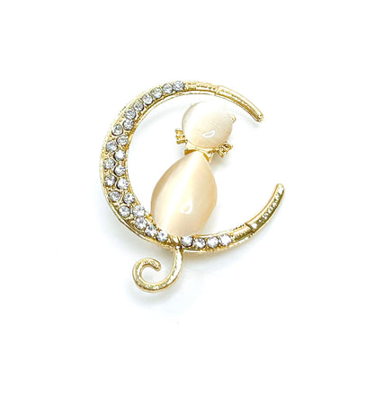 Gold Cat on the Moon Brooch, Opal Cat Pin, Dainty Crystal Cat Jewelry, Animal Lovers, Pet Lovers, Pin for Scarf Jacket, Brooch for Women