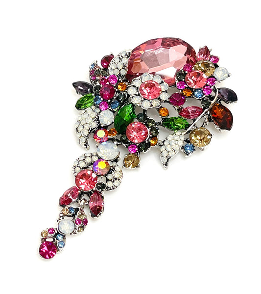Stunning Long Crystal Flower Brooch, Sparkly Pink Crystal Bouquet Pin, Statement Daisy Brooch, Extra Long Jacket Pin, Brooches For Women