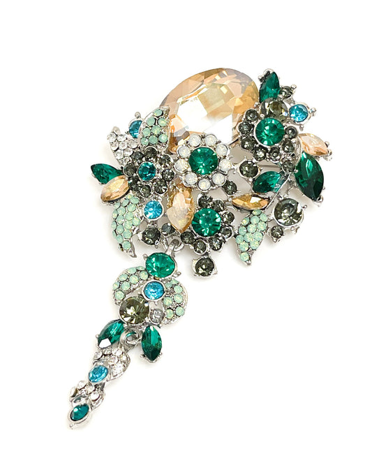 Long Tassel Crystal Flower Brooch | Sparkly Green Crystal Bouquet Pin