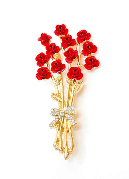 Pretty Bunch of Roses Brooch | Red Gold Roses with Crystals Jacket Pin