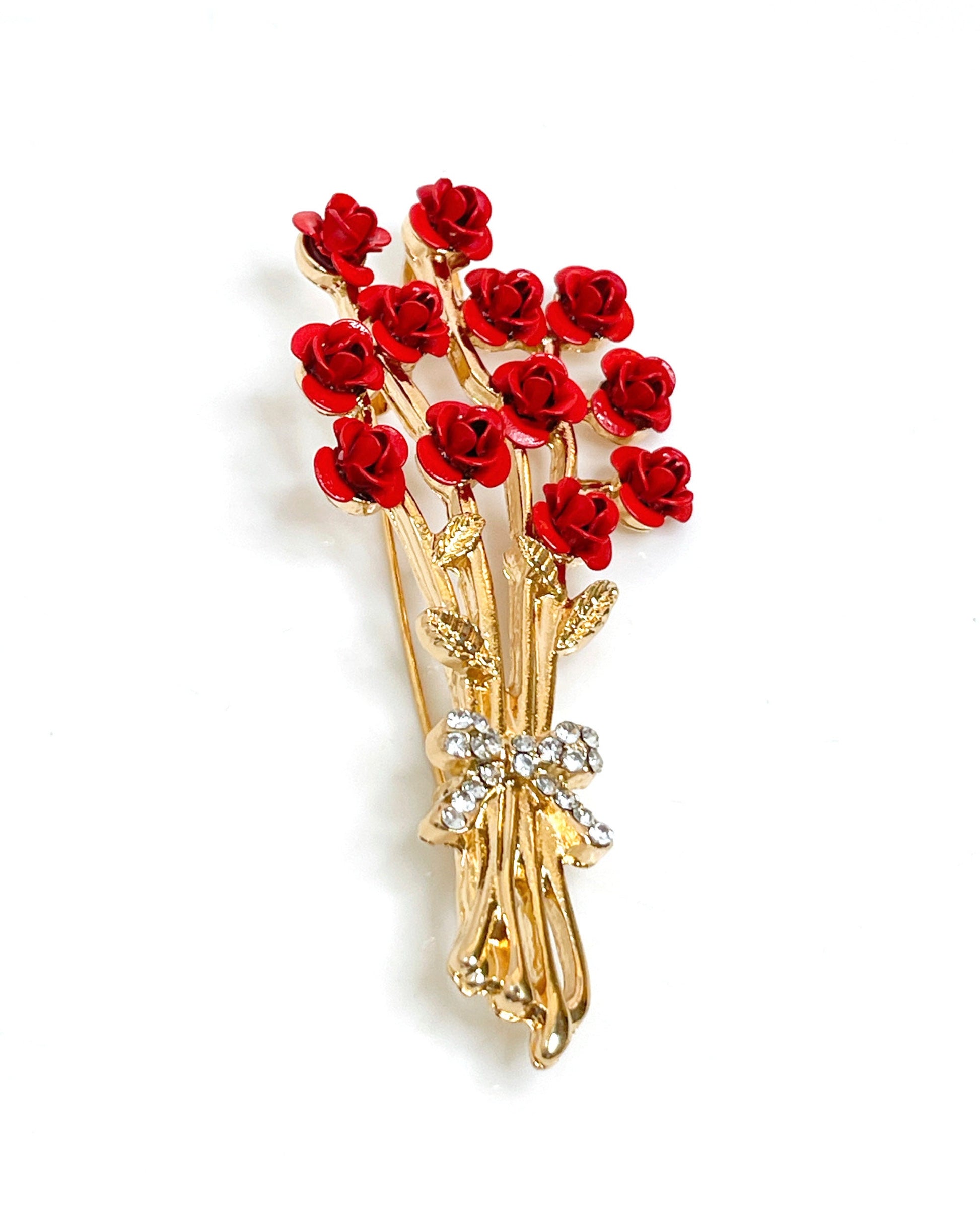 Pretty Bunch of Roses Brooch | Red Gold Roses with Crystals Jacket Pin