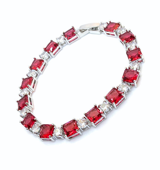 Ruby Crystal Bracelet | Silver Plated, Adjustable Bracelet, CZ Clear Red Crystal Chain, Bracelets for Women
