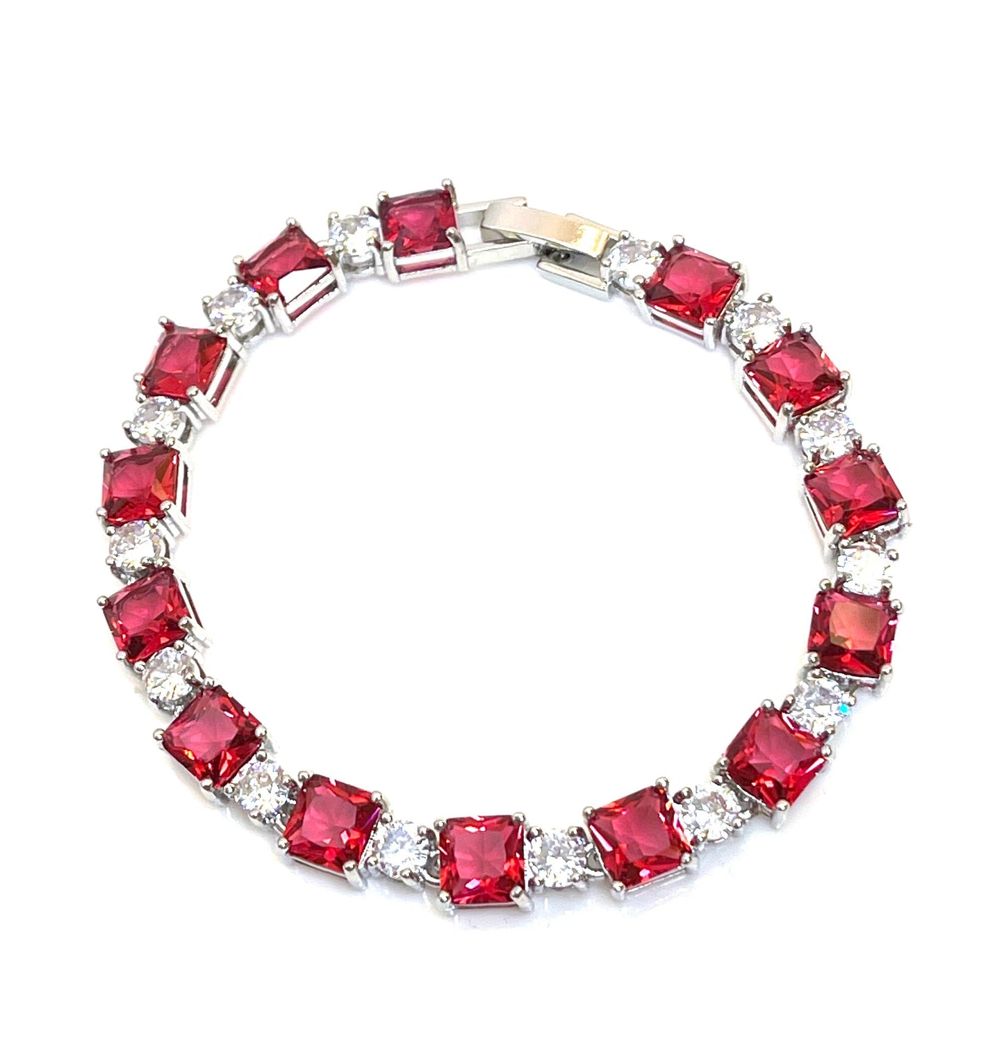 Ruby Crystal Silver Bracelet | Silver Plated, Adjustable Bracelet, CZ Clear Red Crystal Chain, Bracelets for Women