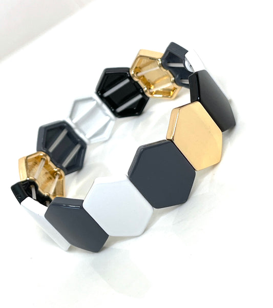 Gold White Black Tile Beaded Bracelet | Japanese Bead Stretch Bracelet | Geometric Jewellery