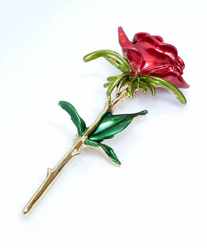 Single Red Open Rose Brooch, Red Silver Rose with Green Leaves, Flower Jacket Pin, Brooches For Women