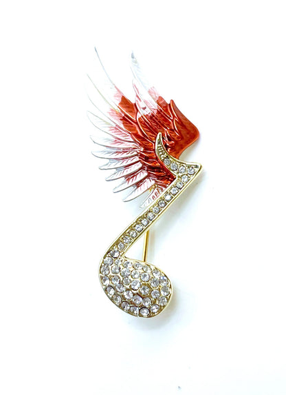 Flying Music Note Brooch | Red Wing Gold Crystal Pin | Crystal Treble Clef