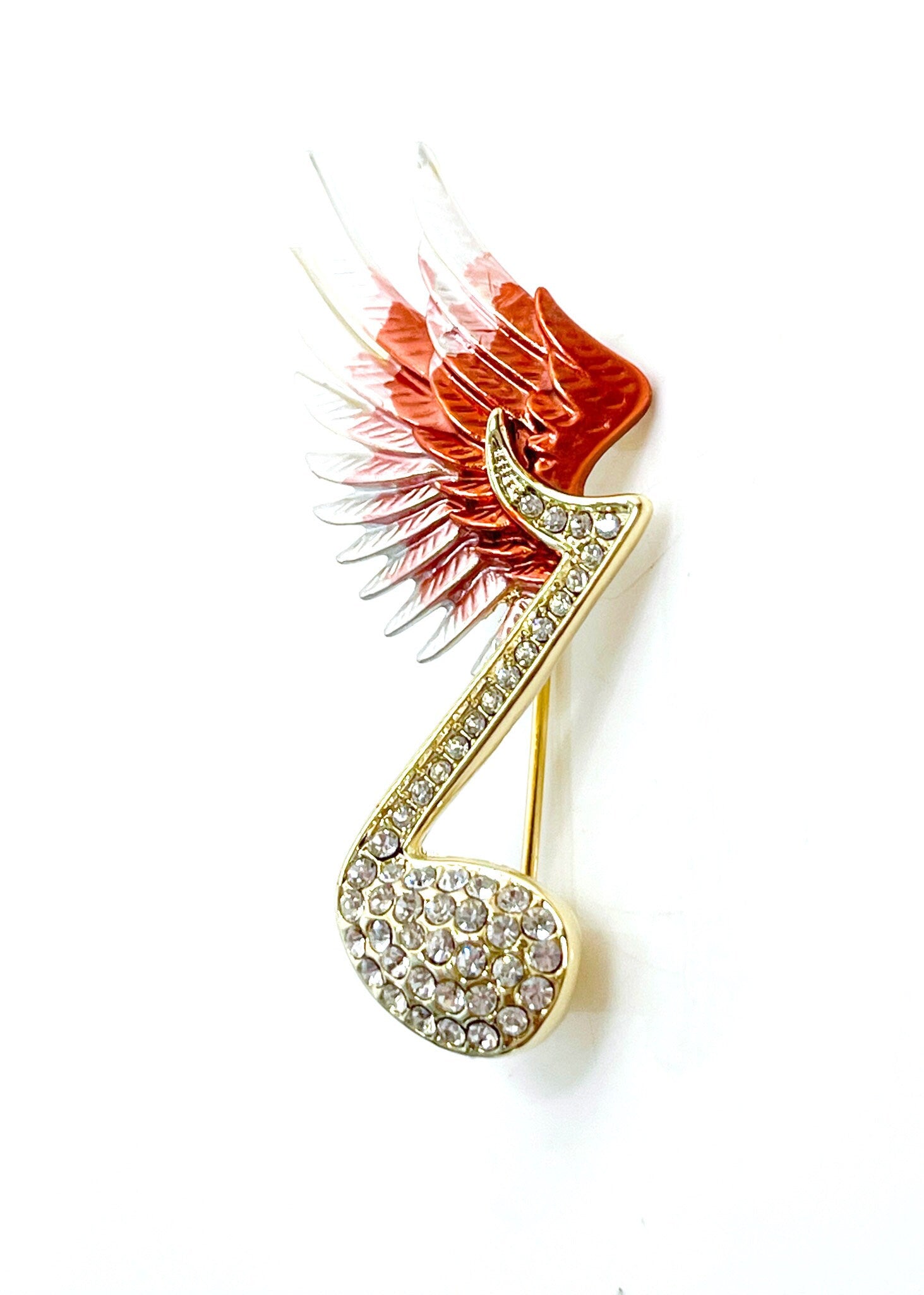 Flying Music Note Brooch | Red Wing Gold Crystal Pin | Crystal Treble Clef