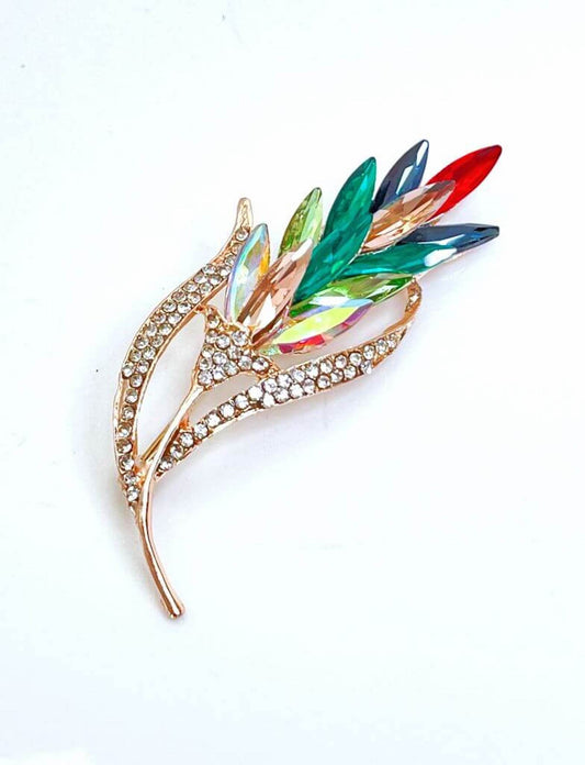 Pretty Multicolour Flower Brooch, Crystal Flower with Leaves, Sparkly Flower Jacket Pin, Brooches For Women