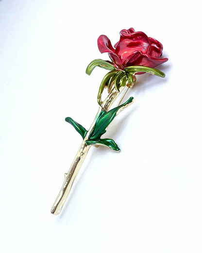 Single Red Open Rose Brooch, Red Silver Rose with Green Leaves, Flower Jacket Pin, Brooches For Women