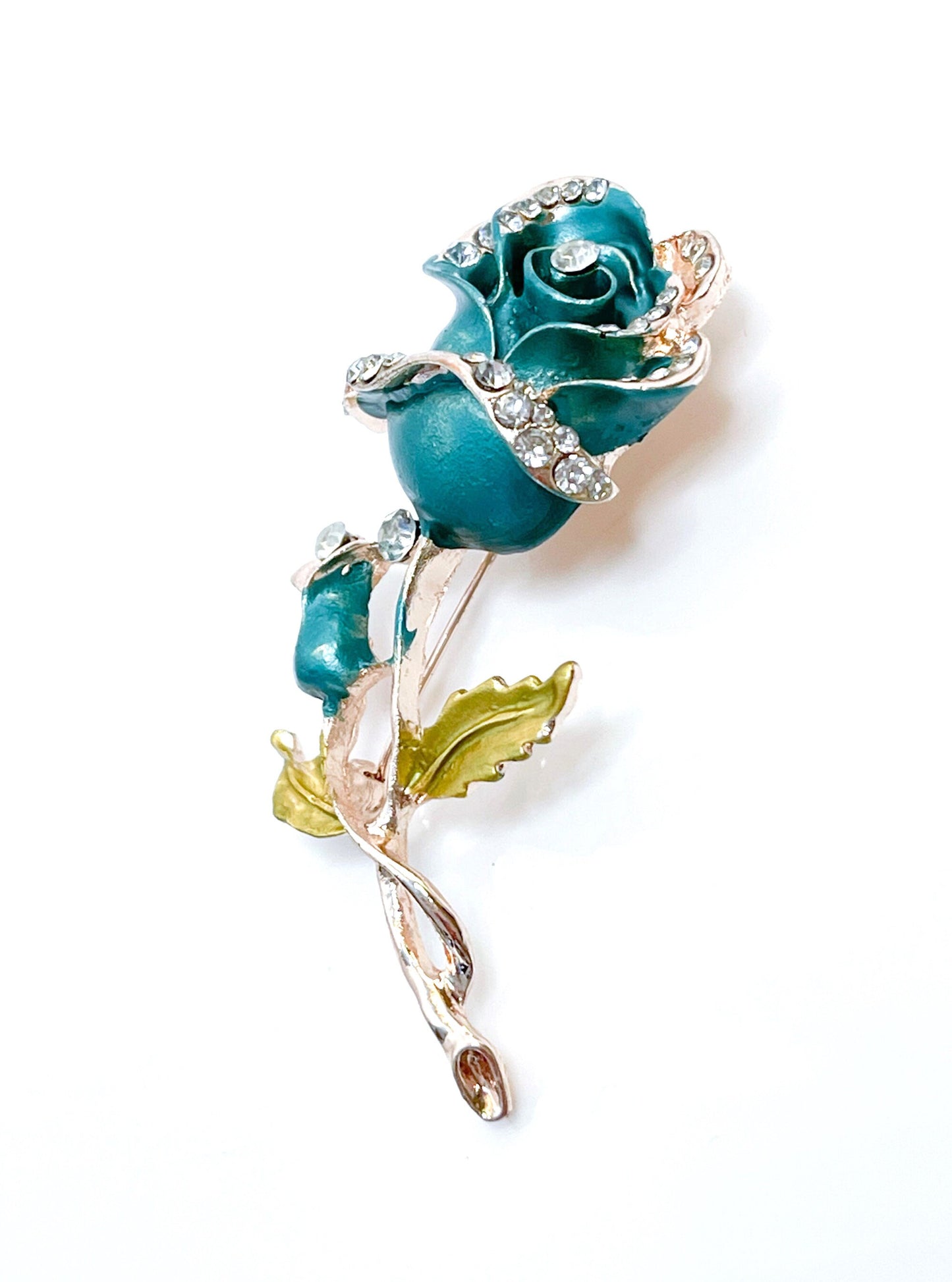 Vintage Single Blue Rose Brooch, Blue Gold Rose with Crystals, Flower Jacket Pin, Brooches For Women