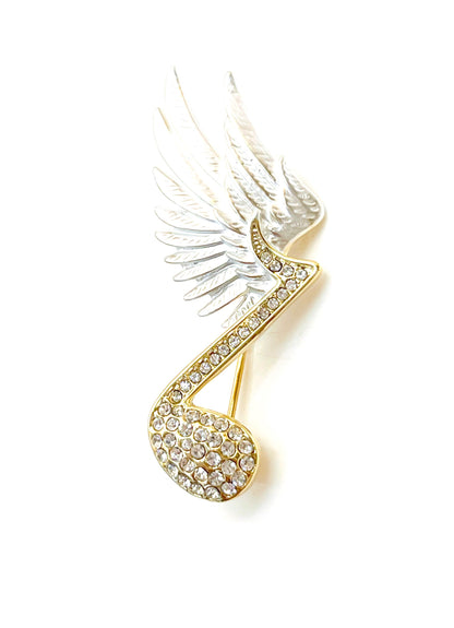 Flying Music Note Brooch | White Wing Gold Crystal Pin | Crystal Treble Clef