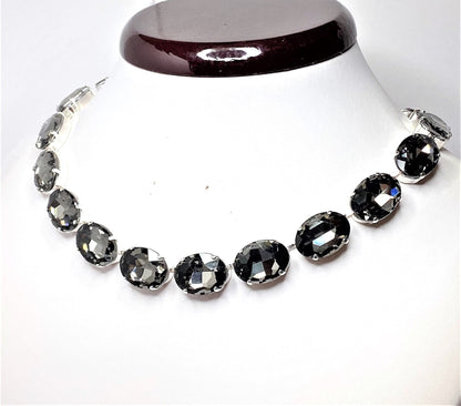 Anna Wintour Necklace, Black Crystal Necklace, Dark Grey Georgian Collet Choker, Rhinestone Statement Necklace, Vintage Choker