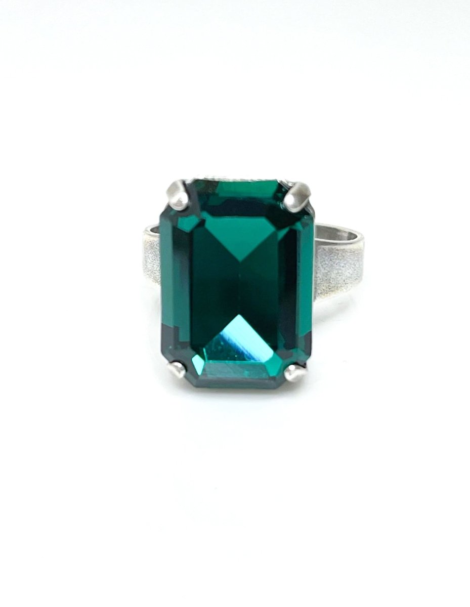 Emerald Green Crystal Ring | Antique Silver | Rectangle Statement 