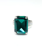 Emerald Green Crystal Ring | Antique Silver | Rectangle Statement 
