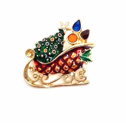 Santa Sleigh with Xmas Tree Brooch | Seasonal Pin | Christmas Charm Brooch