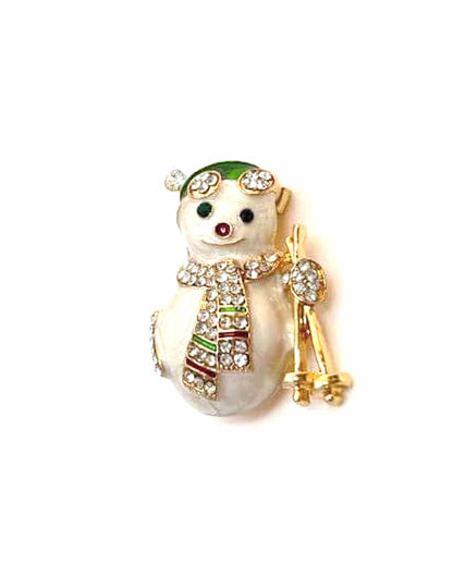 Crystal Snowman Brooch | Christmas Brooch | Seasonal Pin | Skiing Snowman Brooch