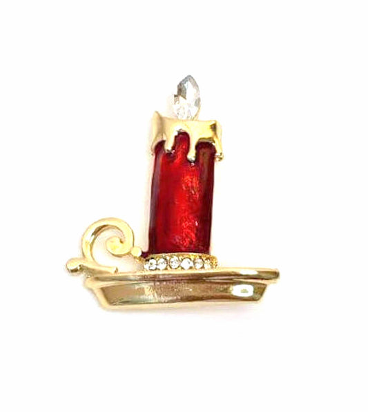 Xmas Crystal Candle Brooch | Christmas Brooch | Seasonal Pin | Red Candle Brooch