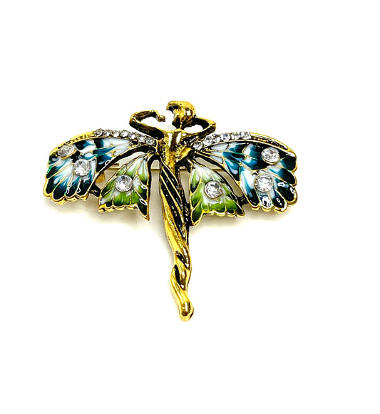 Beautiful Art Deco Fairy Brooch, Fantasy Brooch, Blue Green Patterned Enamel Pin with Crystals, Jacket Scarf Pin, Brooches For Women