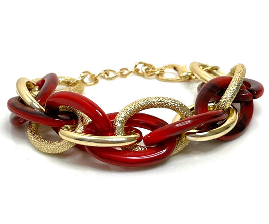Red Gold Chunky Chain Bracelet, Red Statement Bracelet, Textured Jewellery, Retro Acrylic Jewellery, Bracelets for Women