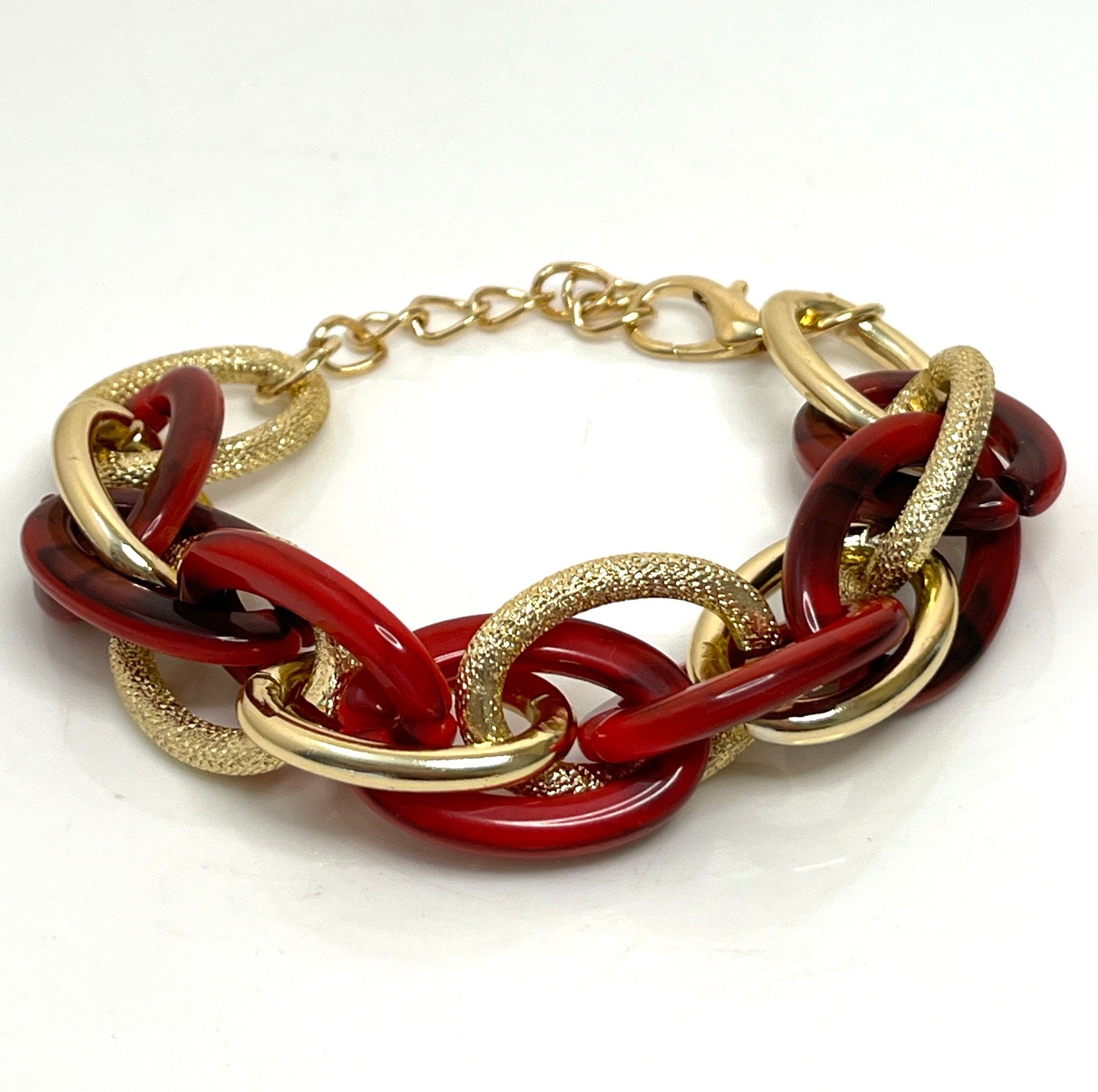 Red Gold Chunky Chain Bracelet, Red Statement Bracelet, Textured Jewellery, Retro Acrylic Jewellery, Bracelets for Women