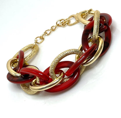 Red Gold Chunky Chain Bracelet, Red Statement Bracelet, Textured Jewellery, Retro Acrylic Jewellery, Bracelets for Women