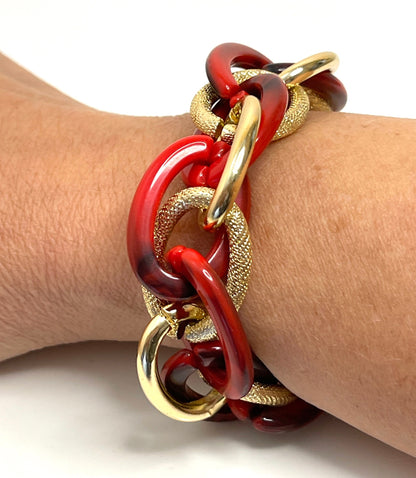 Red Gold Chunky Chain Bracelet, Red Statement Bracelet, Textured Jewellery, Retro Acrylic Jewellery, Bracelets for Women