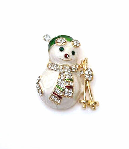 Crystal Snowman Brooch | Christmas Brooch | Seasonal Pin | Skiing Snowman Brooch