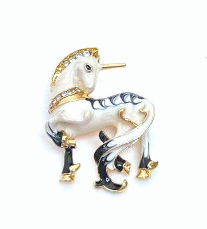 White Crystal Unicorn Fantasy Brooch, Enamel Strutting Horse Pin, Horse Lovers Pin, Jacket Scarf Pin, Brooches For Women