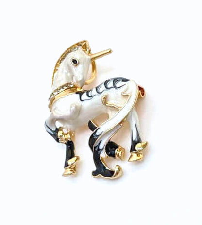 White Crystal Unicorn Fantasy Brooch, Enamel Strutting Horse Pin, Horse Lovers Pin, Jacket Scarf Pin, Brooches For Women