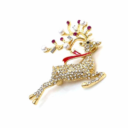 Crystal Reindeer Christmas Brooch, Seasonal Pin, Sparkly Pearl Reindeer Pin, Festive Jacket Scarf Pin, Brooches For Women