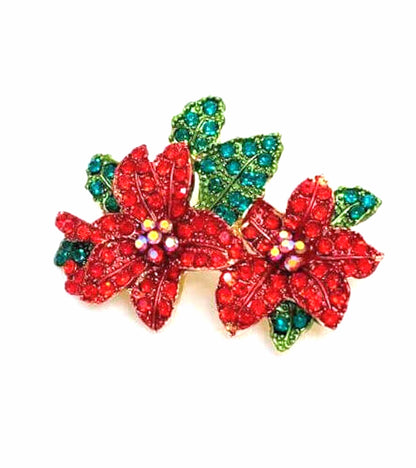 Red Crystal Poinsetta Christmas Brooch, Seasonal Pin, Sparkly Flower Christmas Brooch, Festive Jacket Scarf Pin, Brooches For Women