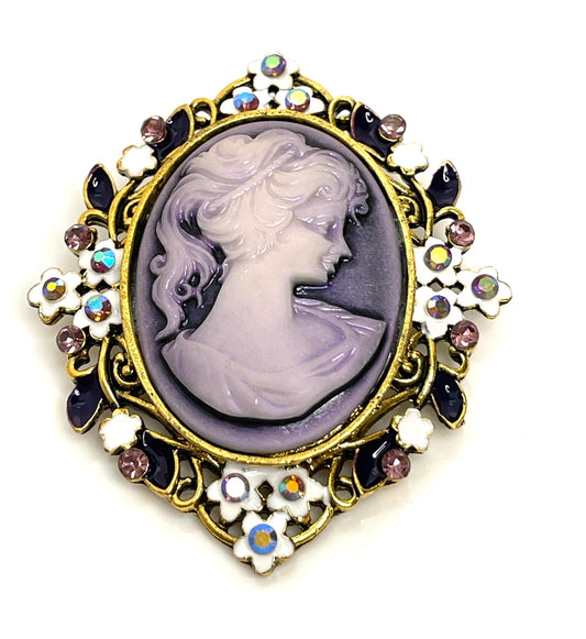 Vintage Cameo Brooch, Victorian Lady Purple Brooch, Crystal Jewelry, Stylish Cameo Pin, Brooches For Women