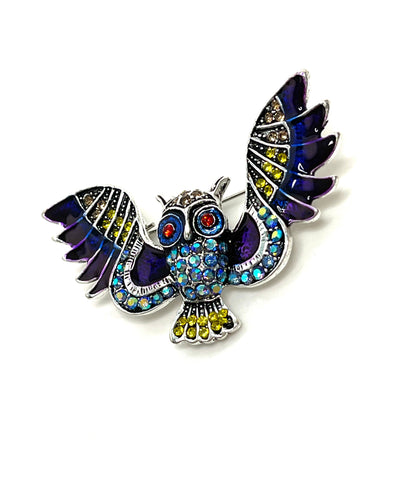 Vintage Purple Flying Owl Brooch, Rhinestone Crystal Pin, Purple Owl Sparkly Jacket Pin, Brooches For Women