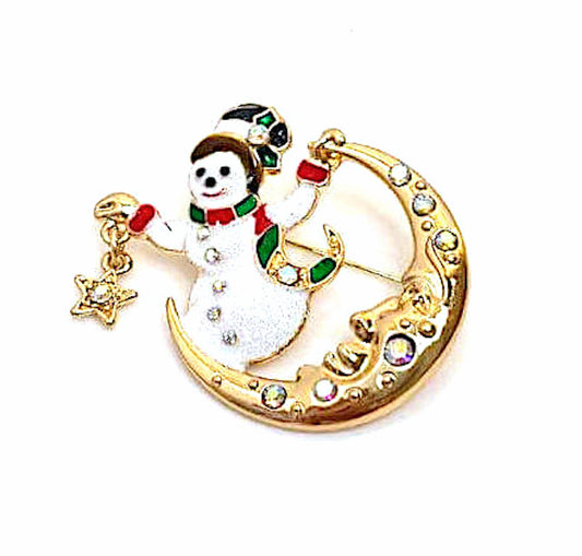 Crystal Snowman on a Moon Brooch, Christmas Brooch, Seasonal Pin, Sparkly Snowman Pin, Festive Jacket Scarf Pin, Brooches For Women