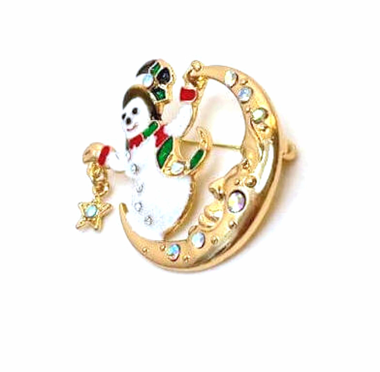 Crystal Snowman on a Moon Brooch, Christmas Brooch, Seasonal Pin, Sparkly Snowman Pin, Festive Jacket Scarf Pin, Brooches For Women