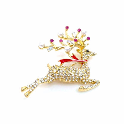 Crystal Reindeer Christmas Brooch, Seasonal Pin, Sparkly Pearl Reindeer Pin, Festive Jacket Scarf Pin, Brooches For Women