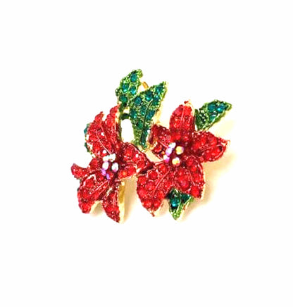 Red Crystal Poinsetta Christmas Brooch, Seasonal Pin, Sparkly Flower Christmas Brooch, Festive Jacket Scarf Pin, Brooches For Women