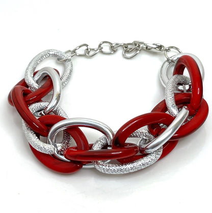 Red Silver Chain Bracelet, Chunky Statement Bracelet, Textured Jewellery, Retro Acrylic Jewellery, Bracelets for Women