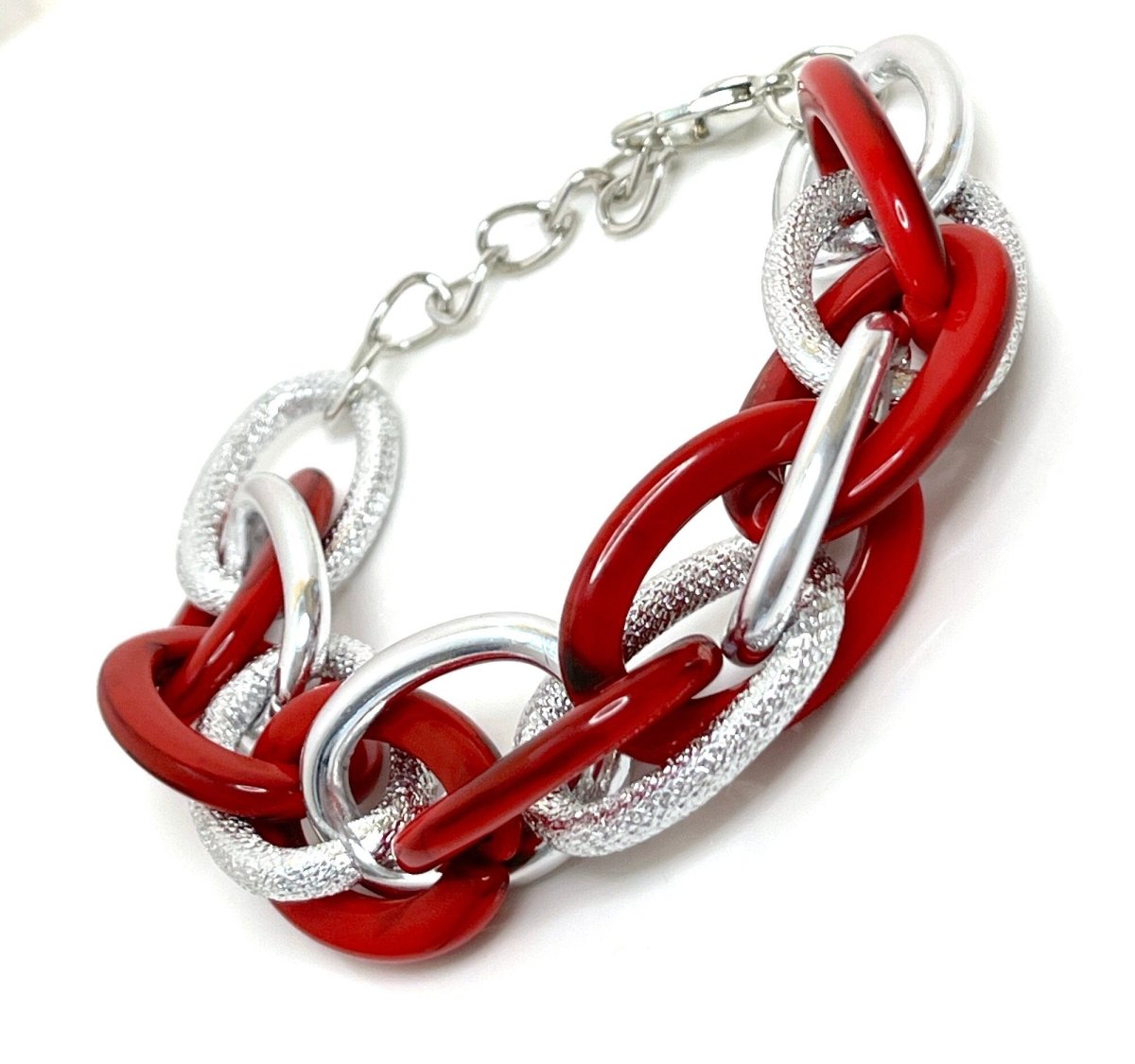 Red Silver Chain Bracelet, Chunky Statement Bracelet, Textured Jewellery, Retro Acrylic Jewellery, Bracelets for Women
