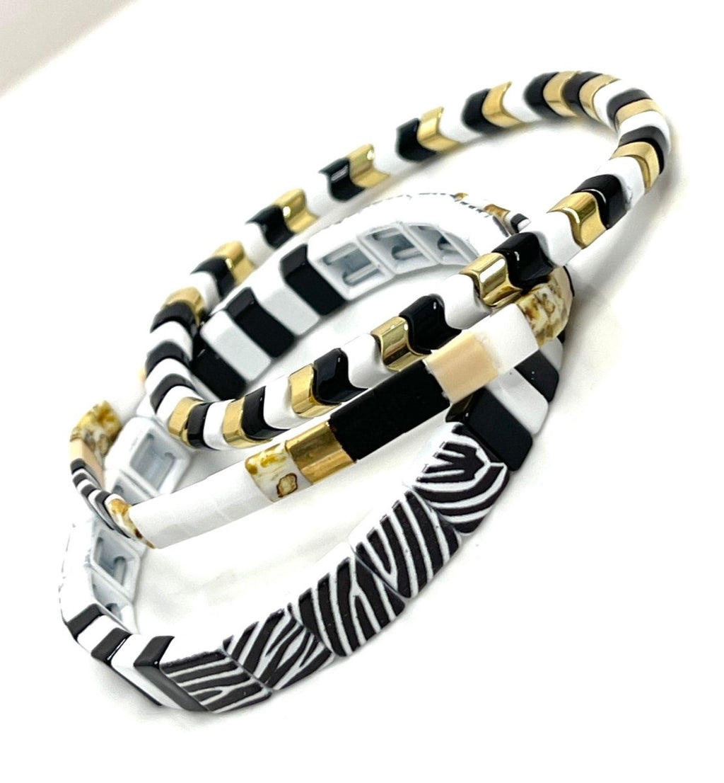Black Gold White Tila Stretch Bracelets | Set of 3 | Multicolour Japanese Beads