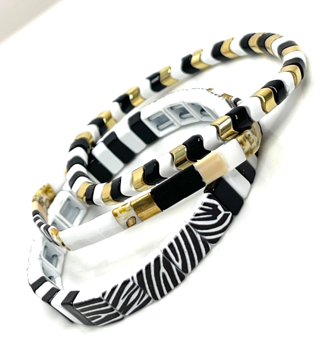 Black Gold White Tila Stretch Bracelets | Set of 3 | Multicolour Japanese Beads