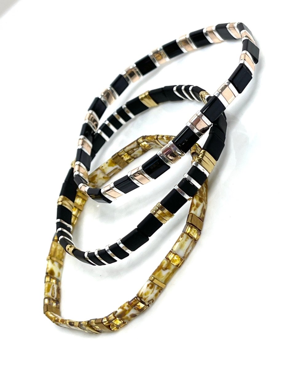 Black Gold Silver Tila Stretch Bracelets | Set of 3 | Multicolour Japanese Beads