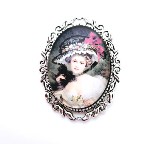Vintage Style Cameo Brooch, Victorian Lady Portrait Brooch, Silver Plated, Lady with Flower Hat, Stylish Cameo Pin, Brooches For Women