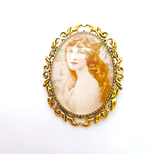 Vintage Style Cameo Brooch, Victorian Lady Portrait Brooch, Gold Plated, Old Style Picture Pin, Stylish Cameo Pin, Brooches For Women
