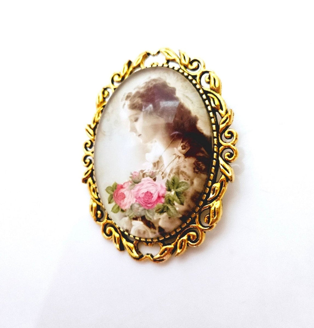 Vintage Style Cameo Brooch | Victorian Lady Portrait Brooch |  Lady With Flowers Pin