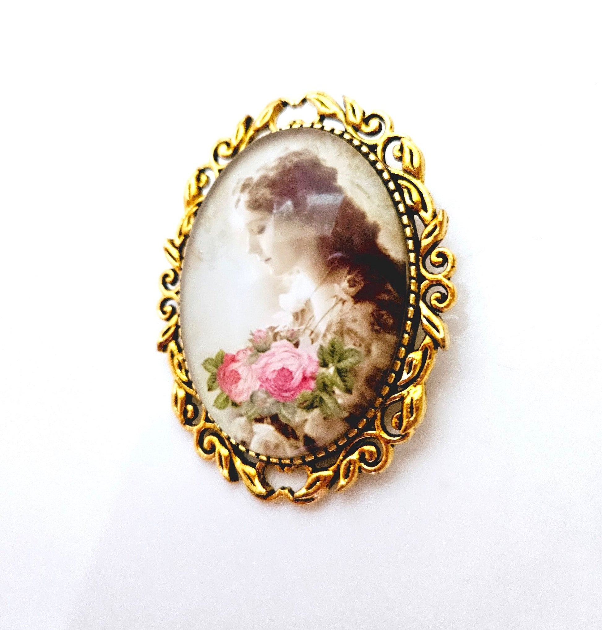 Vintage Style Cameo Brooch, Victorian Lady Portrait Brooch, Gold Plated, Lady With Flowers Pin, Stylish Cameo Pin, Brooches For Women