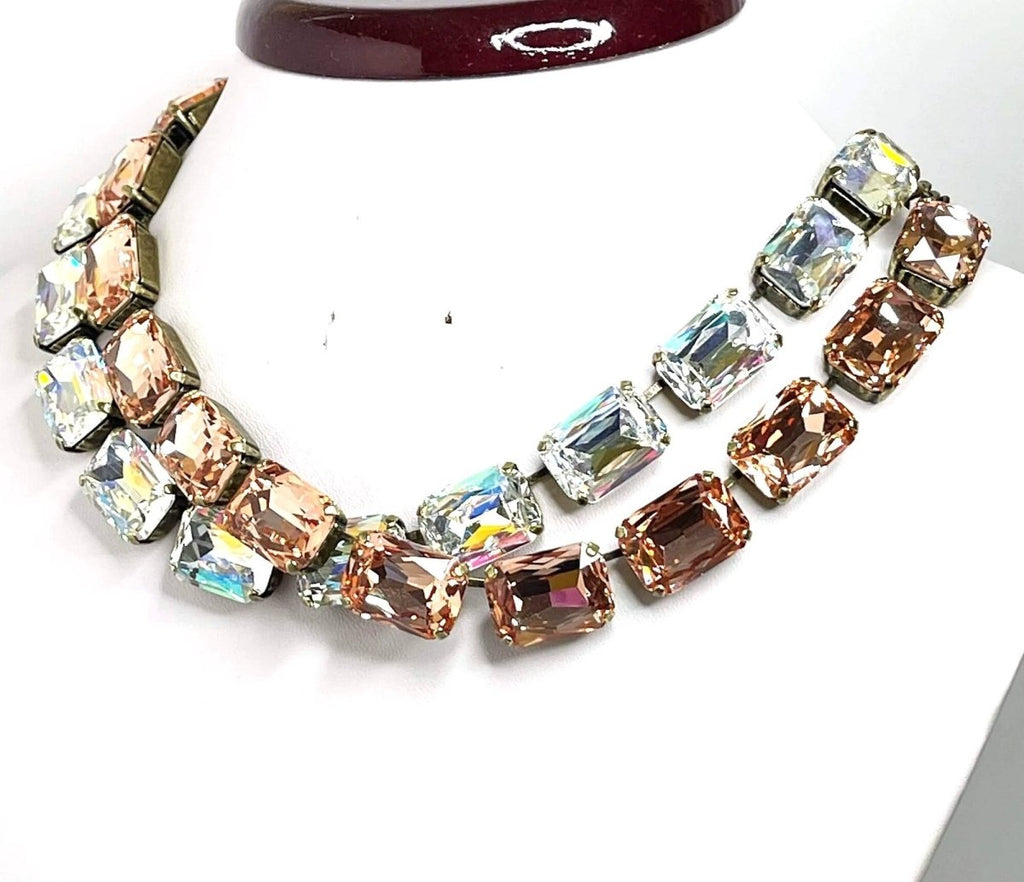 Rose Peach Clear Crystal Georgian Collet Necklaces, Anna Wintour Style