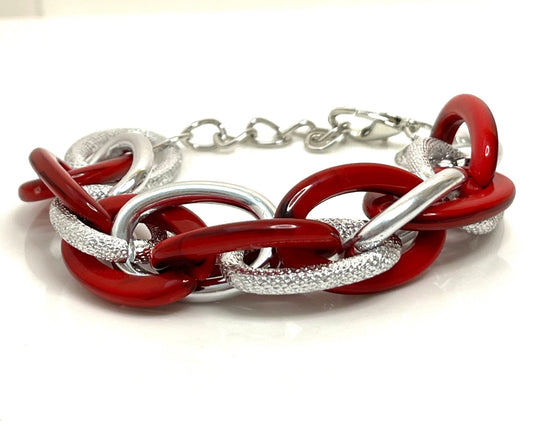 Red Silver Chain Bracelet, Chunky Statement Bracelet, Textured Jewellery, Retro Acrylic Jewellery, Bracelets for Women